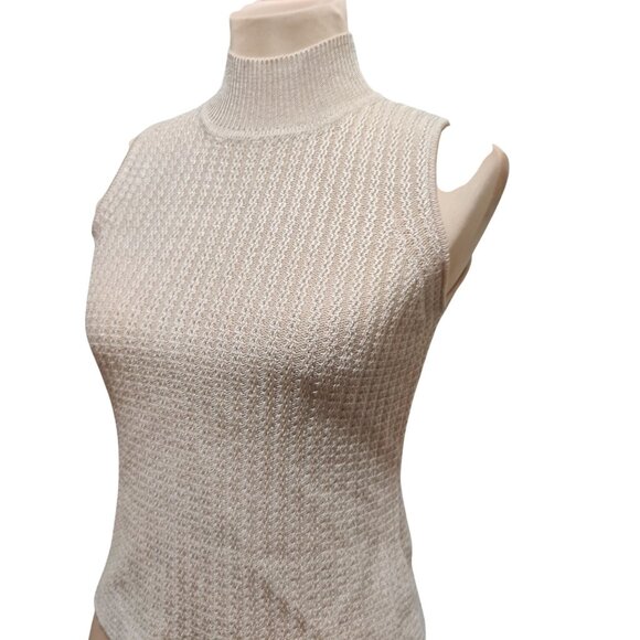 St Michael Marks Spencer S Beige Textured Knit Sleeveless Mock Neck Top Vintage - Picture 6 of 8